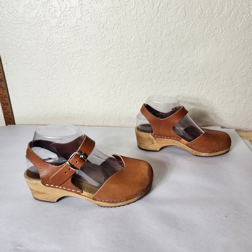 Mia Tan Leather T-Strap Wood Clogs Mary Jane Shoes Brown EU 36